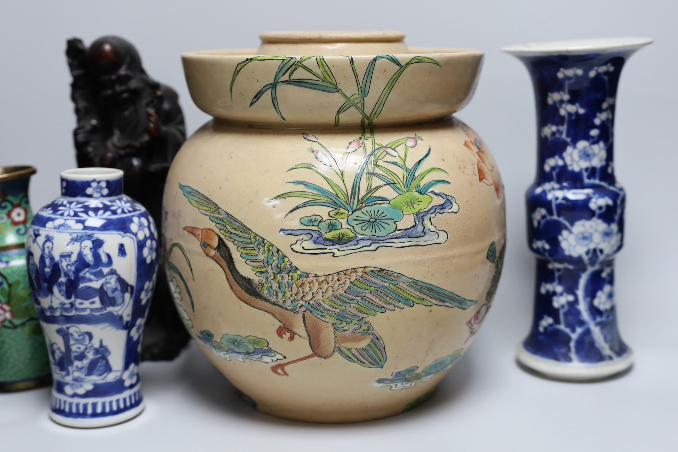 A Chinese blue and white gu vase, a baluster vase, a dish etc.